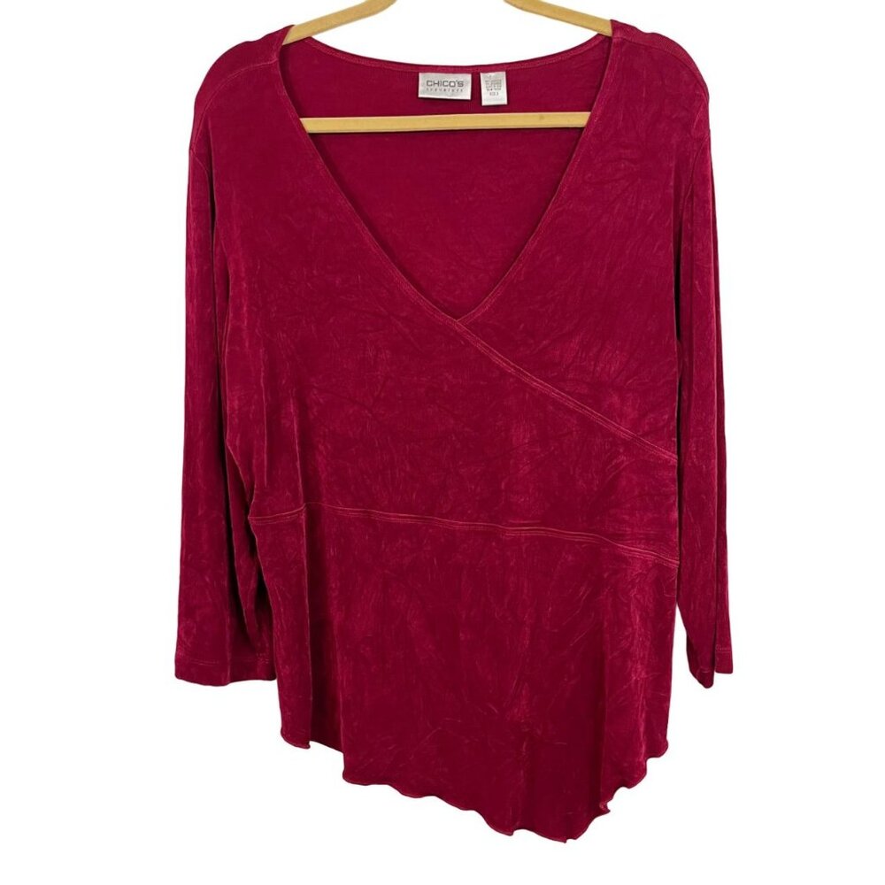 Chico's Travelers Red Wrinkle Resistant Asymmetrical Hem V-Neck Top - Size 3, XL
